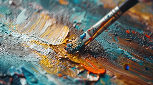 Closeup of a Paintbrush Creating Colorful Abstract Art on Canvas with Thick Textured Strokes