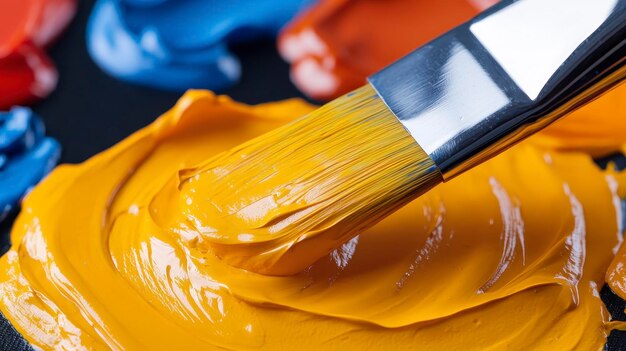 Photo a closeup of a paintbrush mixing vibrant yellow paint on a palette