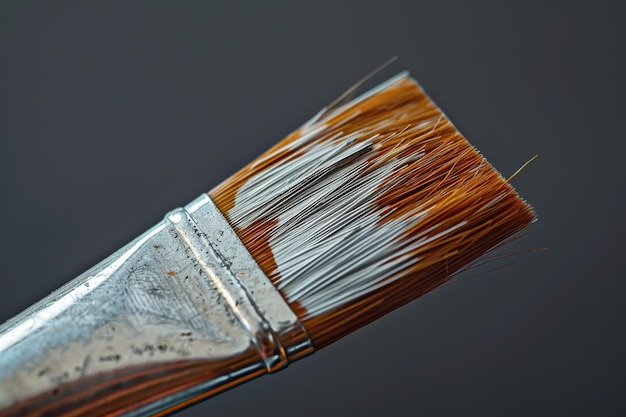 Photo closeup of a paintbrush with mixed strokes on its bristles against a dark background