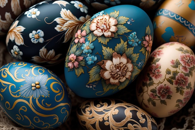 Closeup of painted eggs with floral patterns easter eggs for easter celebration Generative AI Spring concept Easter eggs iridescent color lustrous and pearly