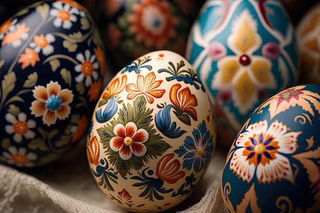 Closeup of painted eggs with floral patterns easter eggs for easter celebration Generative AI Spring concept Easter eggs iridescent color lustrous and pearly