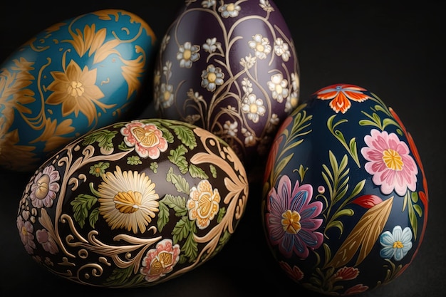 Closeup of painted eggs with floral patterns easter eggs for easter celebration Generative AI Spring concept Easter eggs iridescent color lustrous and pearly