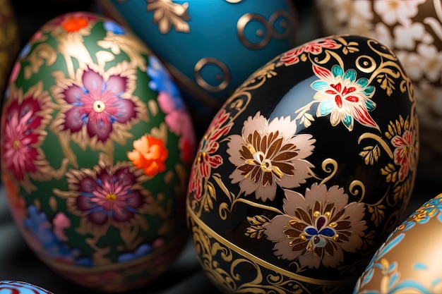 Closeup of painted eggs with floral patterns easter eggs for easter celebration Generative AI Spring concept Easter eggs iridescent color lustrous and pearly