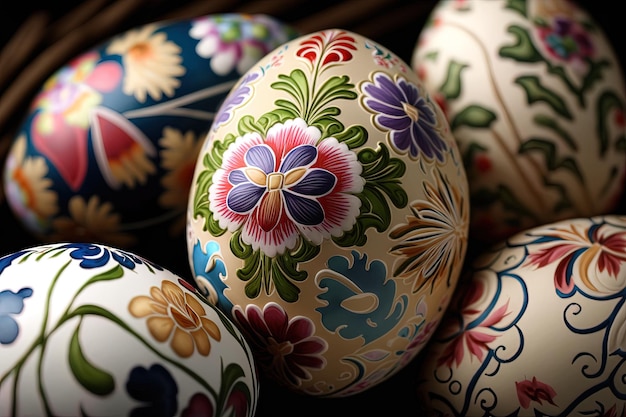 Closeup of painted eggs with floral patterns easter eggs for easter celebration Generative AI Spring concept Easter eggs iridescent color lustrous and pearly