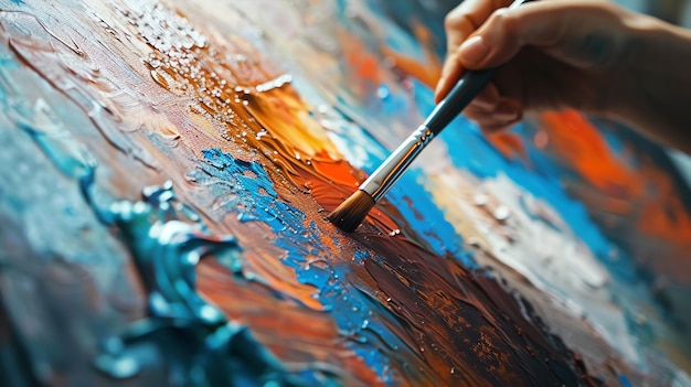 Closeup of a painters hand holding a brush and painting on a canvas The canvas is covered in thick oil paint in various colors