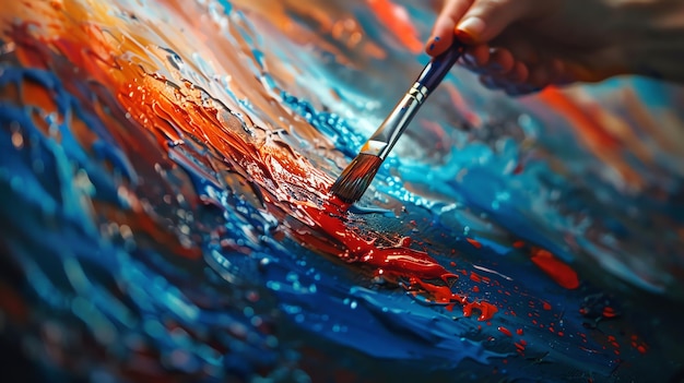 A closeup of a painters hand holding a paintbrush and adding the finishing touches to a vibrant painting