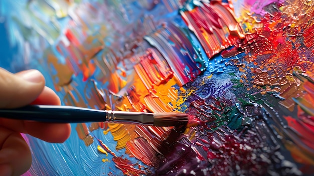 Closeup of a painters hand holding a paintbrush and mixing oil paints on a palette