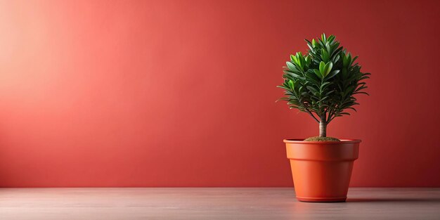 Closeup painting of potted plant on pale red background