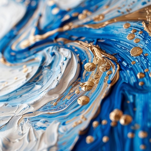 Closeup of painting with blue white and gold paint