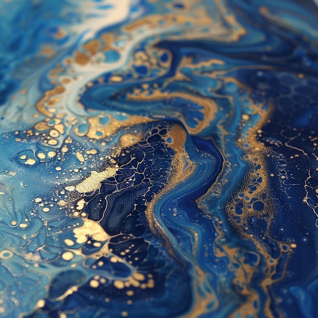 Closeup of painting with blue white and gold paint