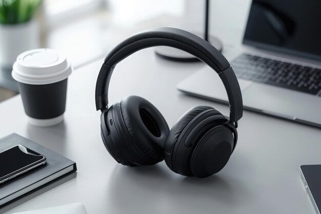 Photo closeup of a pair of black wireless headphones lying on a desk