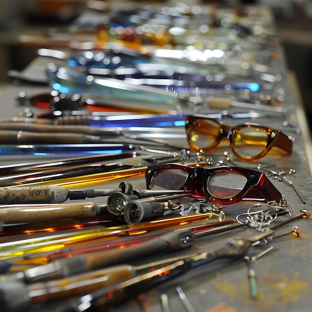 Photo closeup of a pair of glasses with tools and glass rods in the background