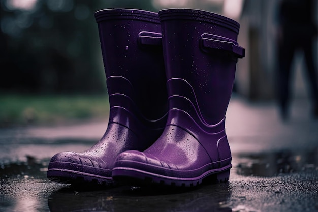 Closeup Of Pair Of Purple And Black Rubber Boots With Smooth Surface Standing On Concrete Sidewalk With Raindrops In The Background Generative AI