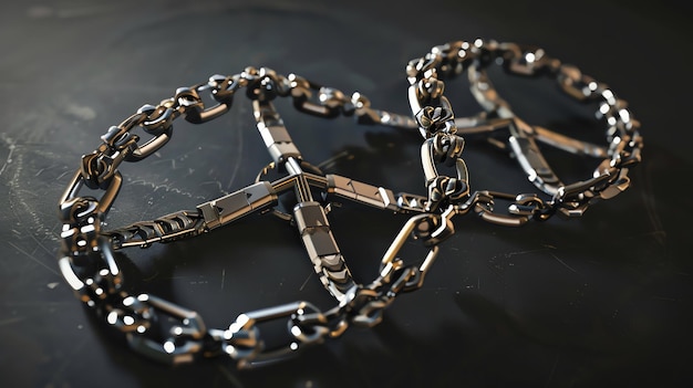 Closeup of a pair of silver traction chains on a black background