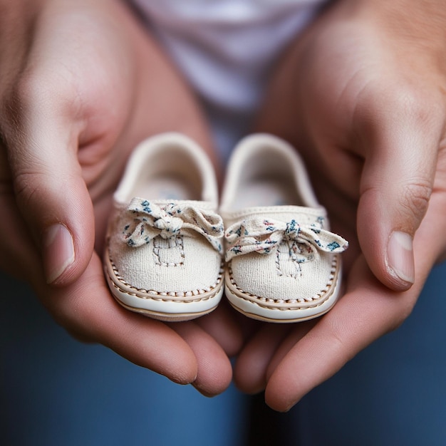 A closeup of a pair of tiny baby shoes being held by expectant parents