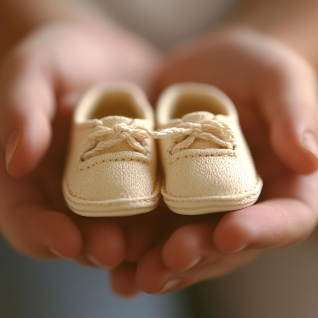 A closeup of a pair of tiny baby shoes being held by expectant parents