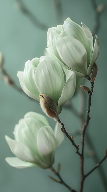 Closeup of Pale Green Magnolia Flowers Generative Ai