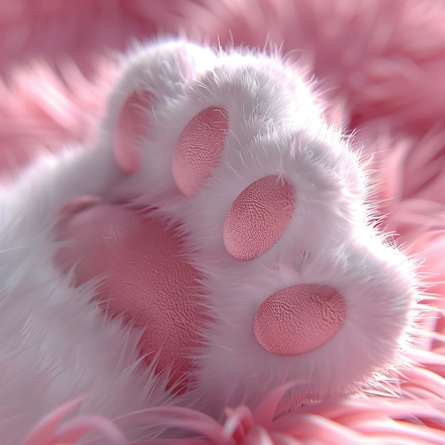 A closeup of the palm of a cats paw a whitecat paw a rose pink palm plush fur plump shapesmoo