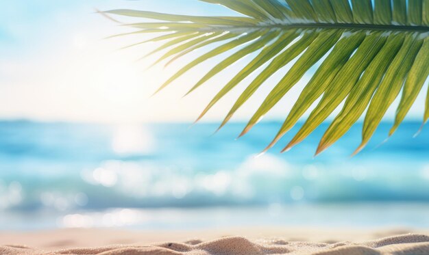 Closeup of palm leaf with blurred tropical beach sunlit beach in soft focus backdrop Tropical scene AI generative