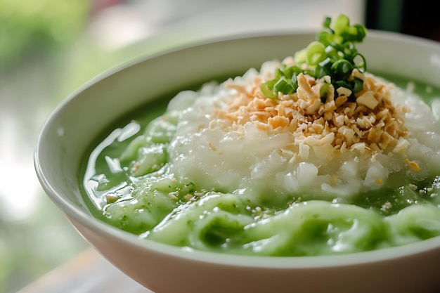 Closeup of Pandan Sticky Rice Dessert with Coconut Flakes and Spring Onion Garnish