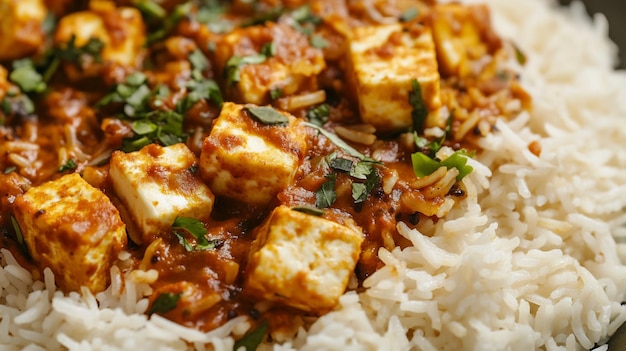 Closeup of Paneer Tikka Masala with fluffy white rice a popular Indian dish