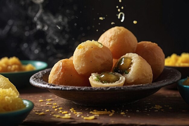 A closeup of a pani puri being cracked open