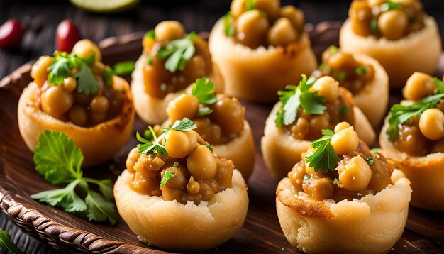 Closeup of pani puri with flavorful chickpea and potat