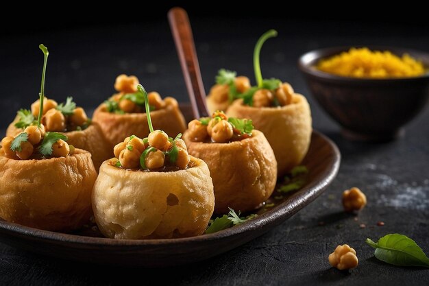 Closeup of pani puri with a spoonful of spicy chickpea