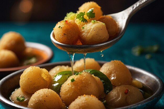 Closeup of pani puri with a spoonful of spicy water