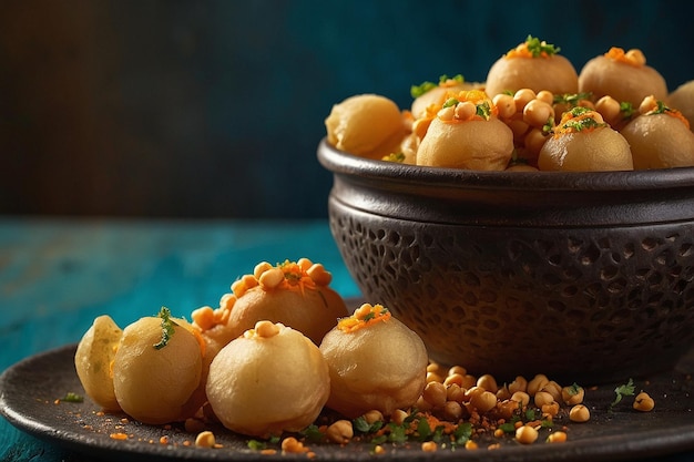 Closeup of pani puri with a spoonful of tangy chickpea