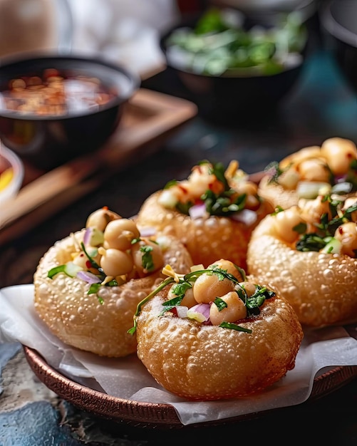 Closeup of panipuri a popular Indian street snack filled with chickpeas and garnished with onions and chutney in a bamboo basket