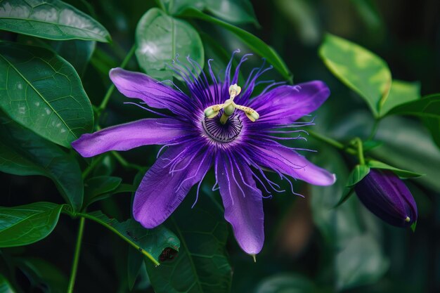 Photo closeup of passiflora violacea flower with long violet purple petals on green leaves background