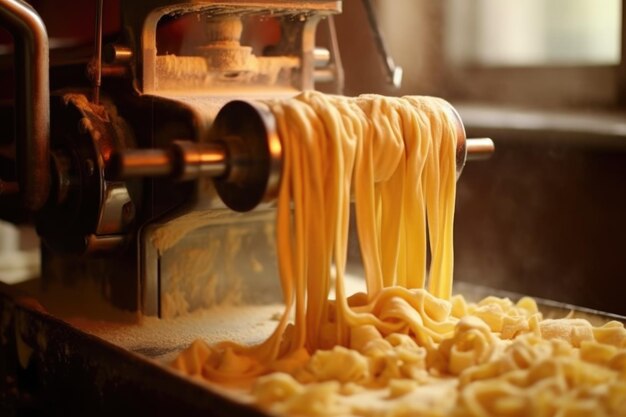 Closeup of pasta dough being fed through a machine created with generative ai