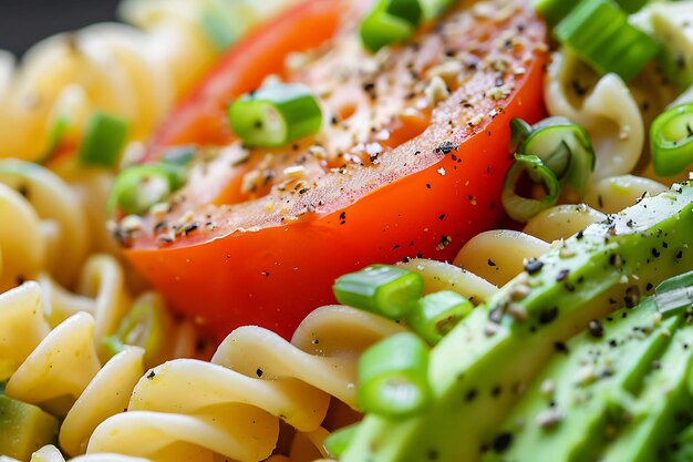 Photo closeup of a pasta salad with tomato avocado and green onions