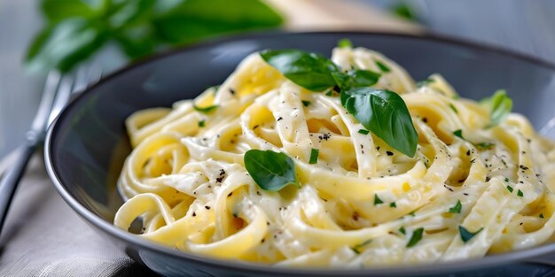 Closeup of Pasta Topped with Alfredo Sauce Cheese and Fresh Herbs Concept Food Photography Italian Cuisine Pasta Presentation Tasty Pasta Dish Gourmet Food Shot