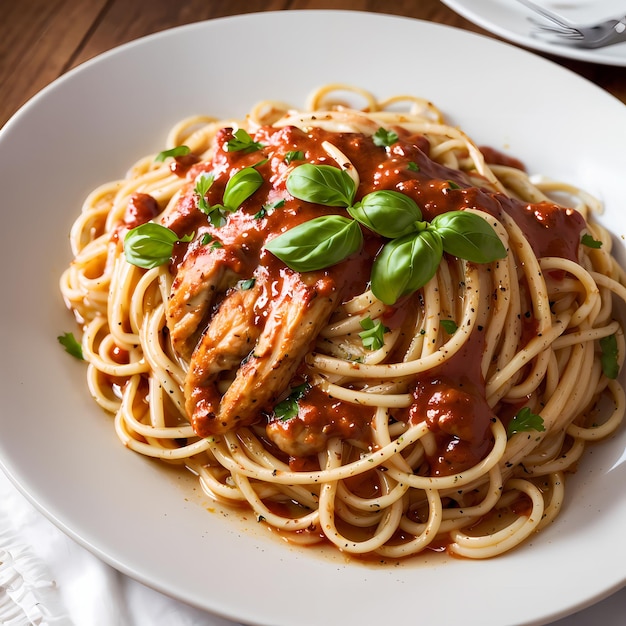 a closeup of a pasta with red sauce on a plate