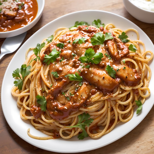 a closeup of a pasta with red sauce on a plate