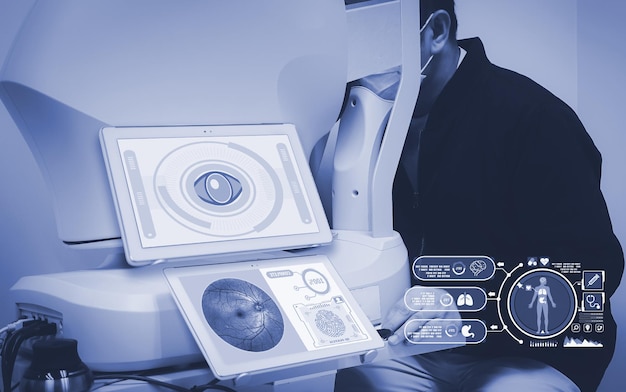 Closeup of a patient measuring the retina with Fundus Photography and Optical coherence tomography medical technology concept