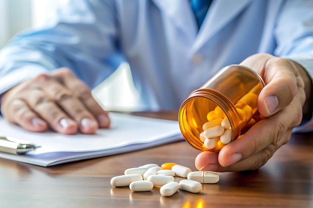 A closeup of a patients hand holding a prescription bottle with pills scattered on a table