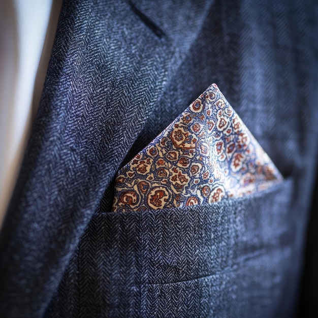 A closeup of a patterned pocket square in the breast pocket of a gray suit jacket