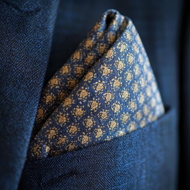 A closeup of a patterned pocket square in a suit jacket pocket