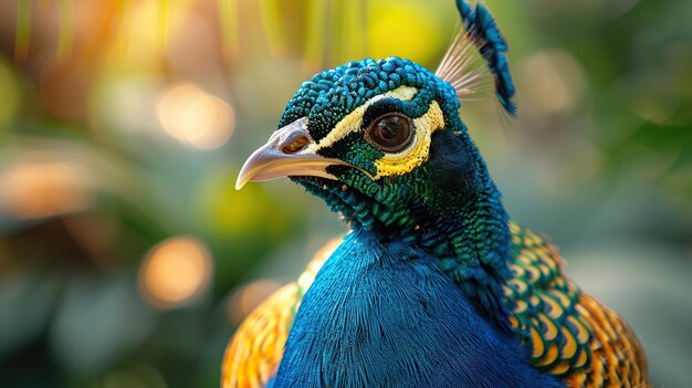 Closeup of a Peacocks Head with Vibrant Feathers