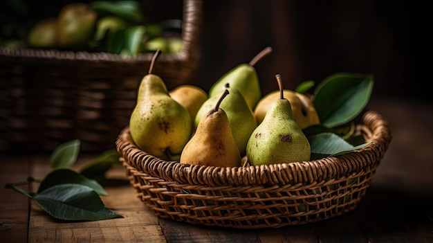 Closeup Pear fruits in the bamboo basket with blur background