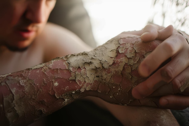 Photo closeup of the peeling skin of a man on his hands with eczema psoriasis and other skin diseases su