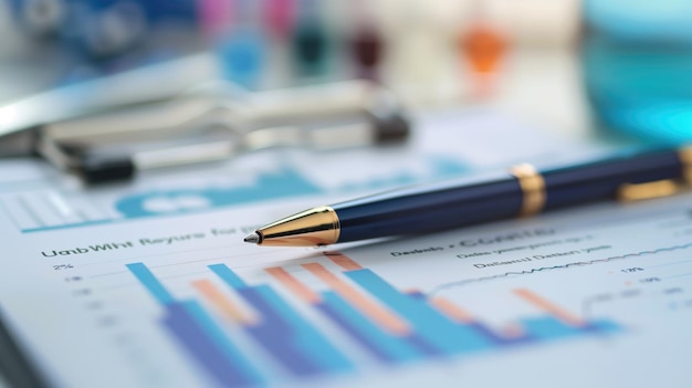 Closeup of pen on financial chart with blurred background including clipboard and glassware