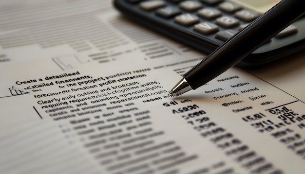 Photo closeup of a pen on a financial document with a calculator in the background