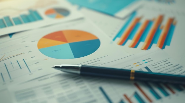 Photo closeup of a pen lying on top of various types of printed financial charts including bar graphs line graphs and pie charts