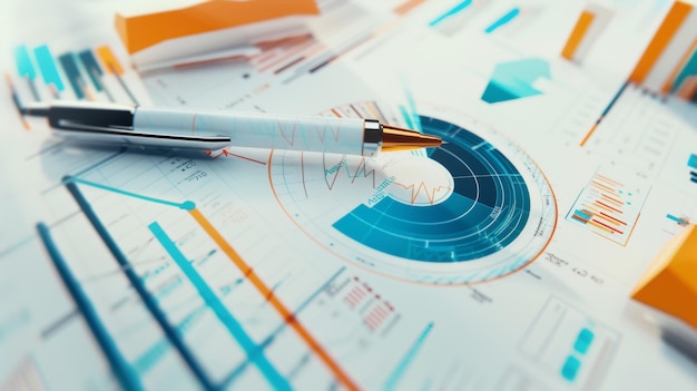 Photo closeup of a pen lying on top of various types of printed financial charts including bar graphs line graphs and pie charts