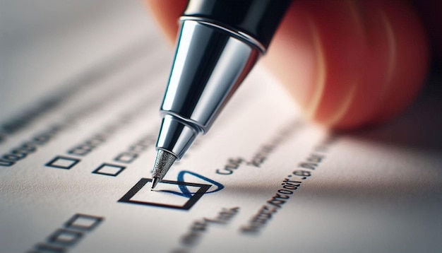 Photo closeup of a pen marking a check box on a political survey symbol of civic participation