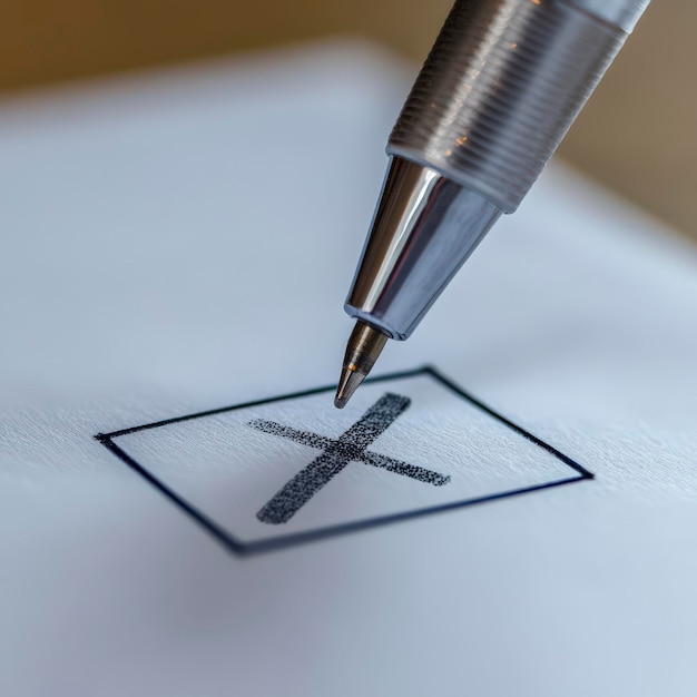 Photo closeup of pen marking an x on voting ballot